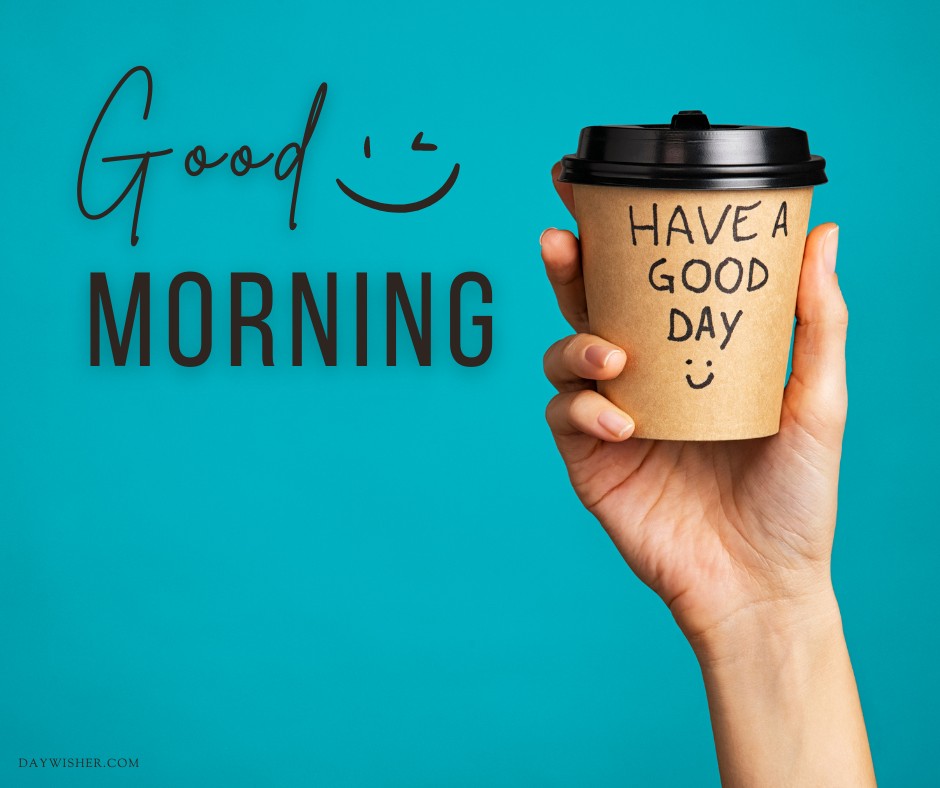 A hand holding a coffee cup with "Have a Good Day" and a smiley face written on it, set against a vibrant turquoise background with "Good Morning" in playful lettering. Perfect for a positive morning message.