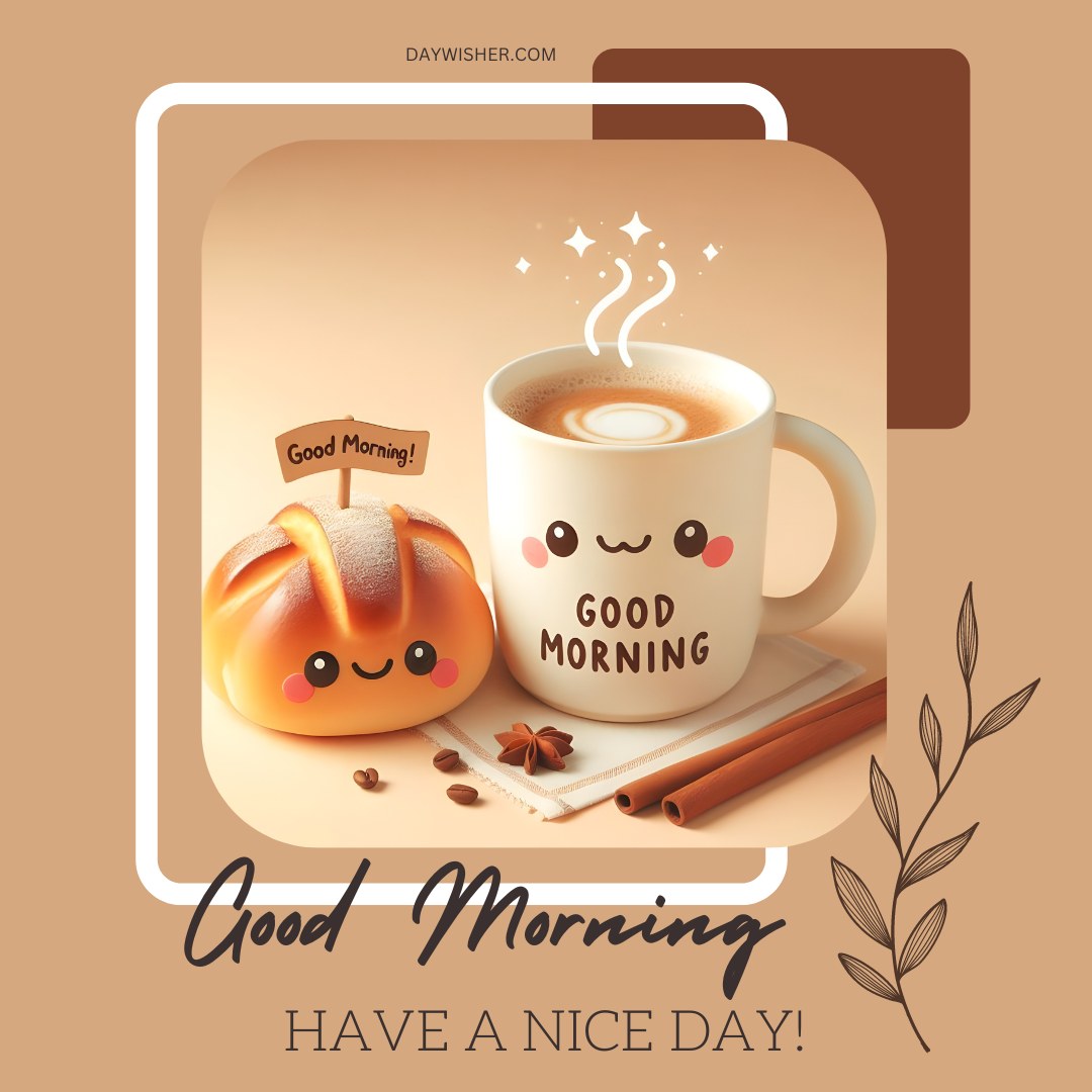 Cheerful good morning greeting featuring a cute bread roll with 'Good Morning!' flag and a smiling coffee mug, both adorned with happy faces. The backdrop includes a subtle design with coffee beans, a cinnamon stick, and a leaf illustration, accompanied by a 'Good Morning, Have a Nice Day!' message in an elegant font