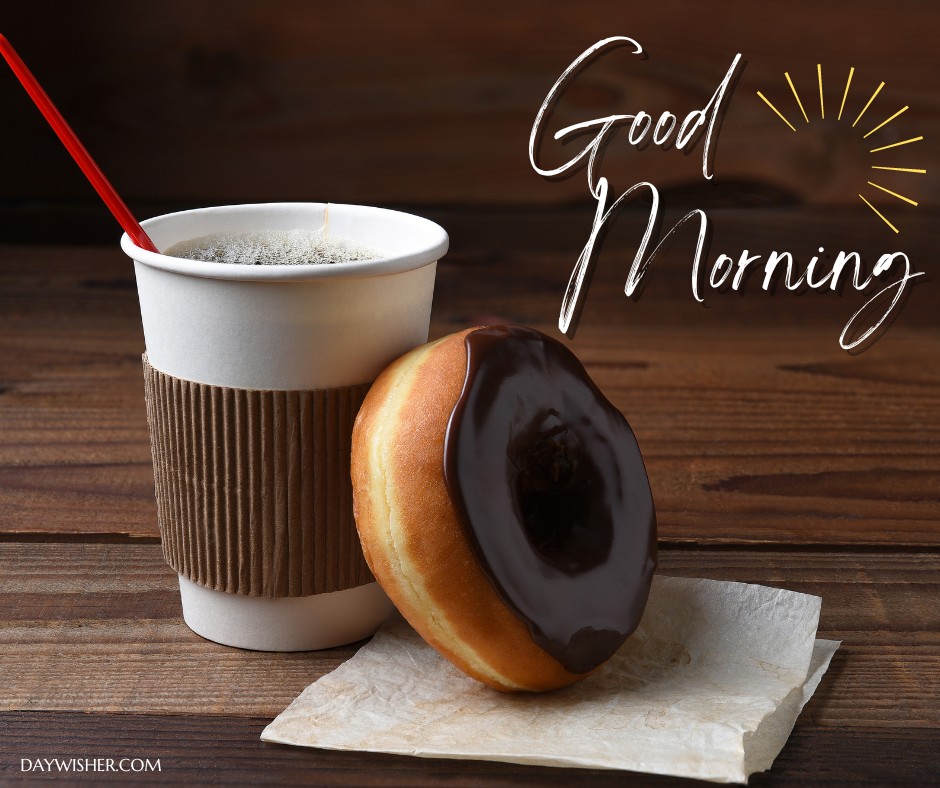 Kick off your morning with this inviting good morning coffee image, featuring a disposable coffee cup with a red straw and a delicious chocolate glazed donut, perfectly captured on a rustic wooden background to elevate your breakfast experience.