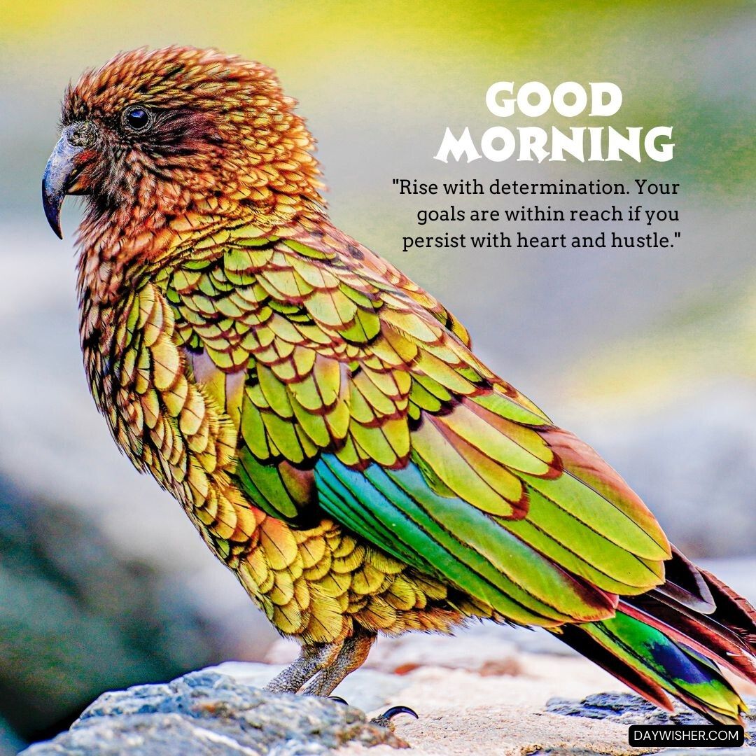 Stunning image of a kea parrot with richly textured, colorful plumage, standing on a rock against a blurred natural background, with an empowering message 'Good Morning - Rise with determination. Your goals are within reach if you persist with heart and hustle.' 