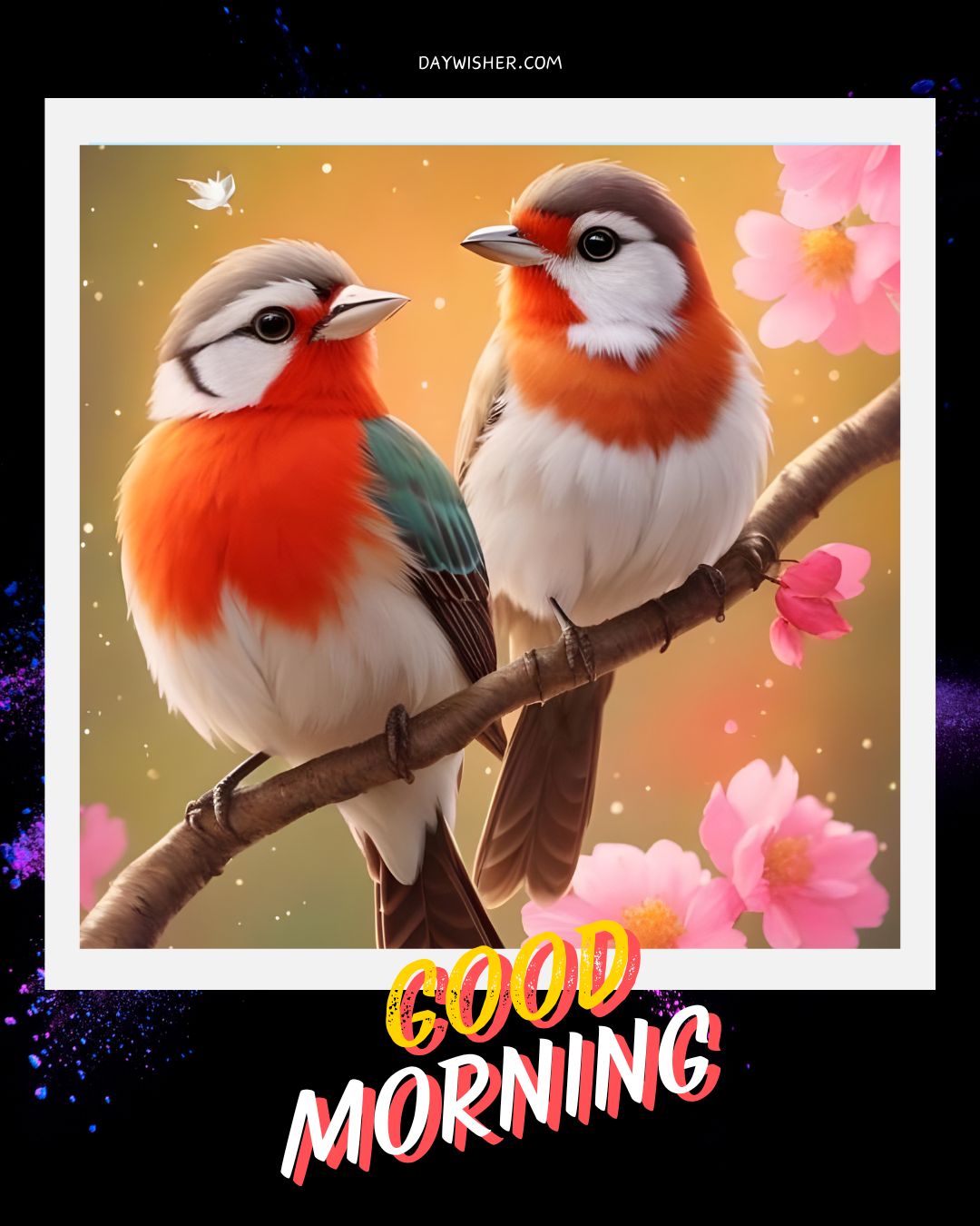 Two colorful, animated birds perched on a branch against a backdrop of pink flowers and a warm, glowing sunrise, with the text "Good Morning Birds" at the bottom.