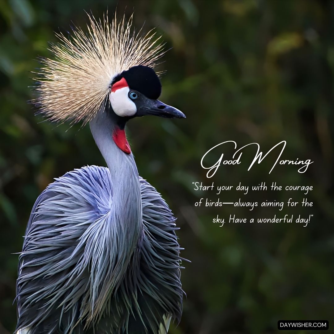 Good Morning - A majestic grey crowned crane with striking red and white facial coloring and an impressive golden crest, set against a blurred green background. The message 'Start your day with the courage of birds—always aiming for the sky. Have a wonderful day!' inspires confidence and ambition, perfectly complemented by the bird's poised and elegant demeanor.