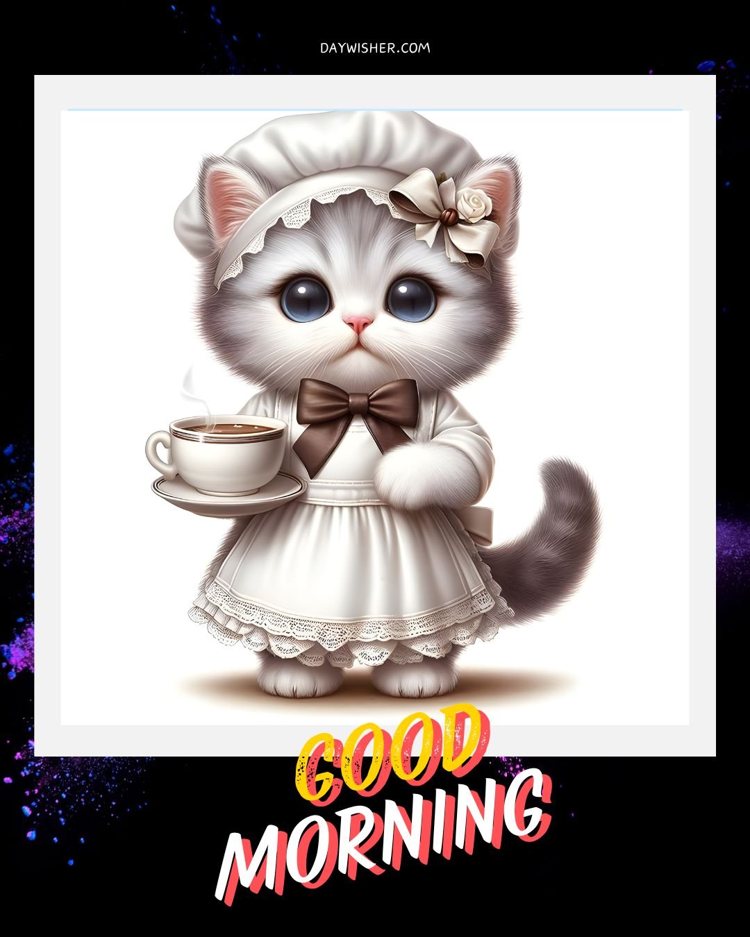 Illustration of a cute, anthropomorphic cat dressed in a vintage white dress and bonnet, holding a cup of coffee, with the words "good morning" at the bottom, against a dark starry background.
