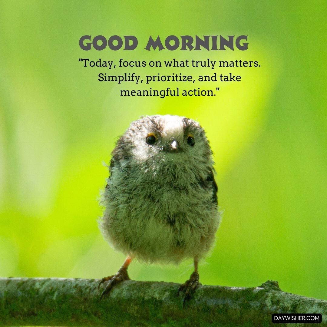 A fluffy, tiny bird perched on a branch against a vibrant green background, with the thoughtful message 'Good Morning - Today, focus on what truly matters. Simplify, prioritize, and take meaningful action.'