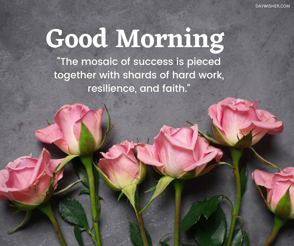 A serene display of pink roses on a textured gray background with an inspiring good morning quote about success, resilience, and faith, perfect for a fresh start to the day.