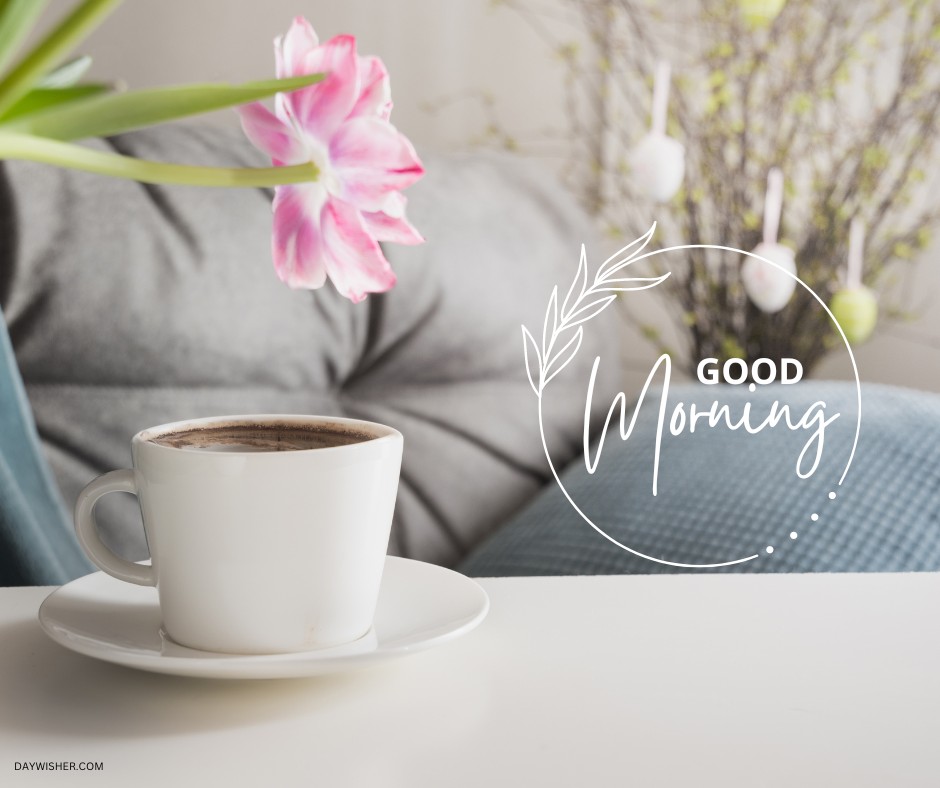 A peaceful morning scene featuring a white coffee cup on a saucer, elegantly presented against a cozy home background with a blooming pink tulip and springtime branches. The stylish "Good Morning" script adds a welcoming touch, perfect for those seeking good morning coffee images that offer a sense of tranquility and freshness to start the day.