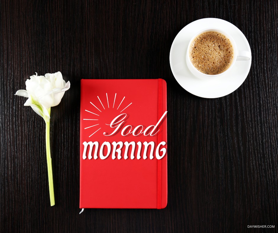 A sophisticated morning scene featuring a white coffee cup on a saucer beside a vibrant red notebook with "Good Morning" in bold text and a single elegant white flower, all set against a dark wooden background. This image perfectly blends the inspiration of morning coffee with the freshness of a new day, ideal for those searching for good morning coffee images that also inspire productivity and positivity.