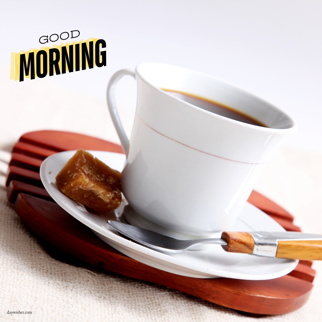 A classic white coffee cup filled with freshly brewed coffee, accompanied by a piece of caramel on a wooden serving tray, under a stylish "Good Morning" text. Ideal for a serene morning break.