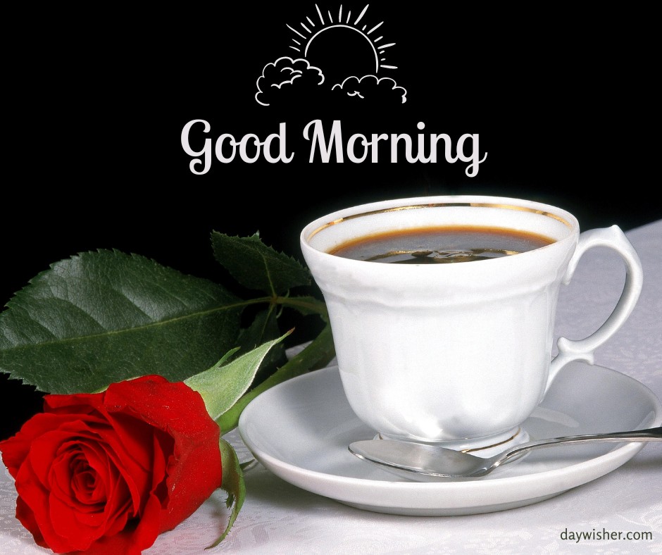 Experience the charm of this good morning coffee image, featuring a classic white coffee cup with a full-bodied brew, elegantly accompanied by a fresh red rose, set against a crisp white background, perfect for a peaceful and romantic morning.