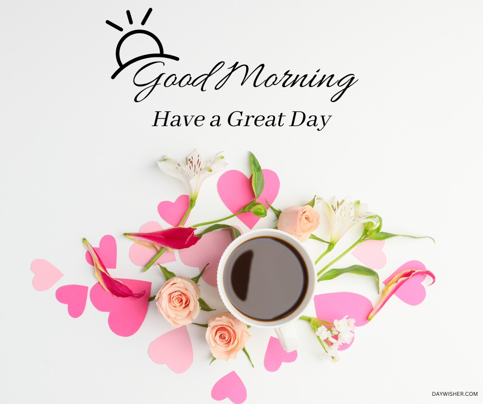 A vibrant and creative display featuring a cup of coffee surrounded by pink hearts and delicate flowers, including roses and lilies. The cheerful "Good Morning, Have a Great Day" message adds a motivational touch, ideal for sharing as a good morning coffee image that spreads joy and positivity.