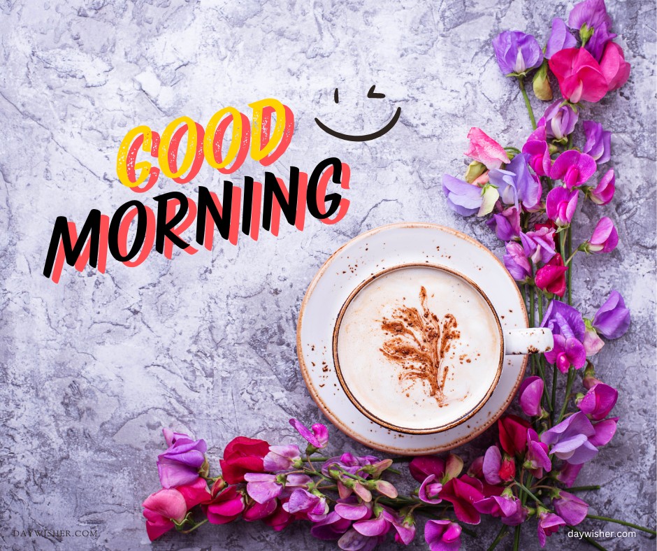 Brighten your morning with this delightful good morning coffee image featuring a cup of cappuccino with artistic cream design, surrounded by vibrant fresh flowers on a textured grey background, adding a touch of natural beauty to your day.