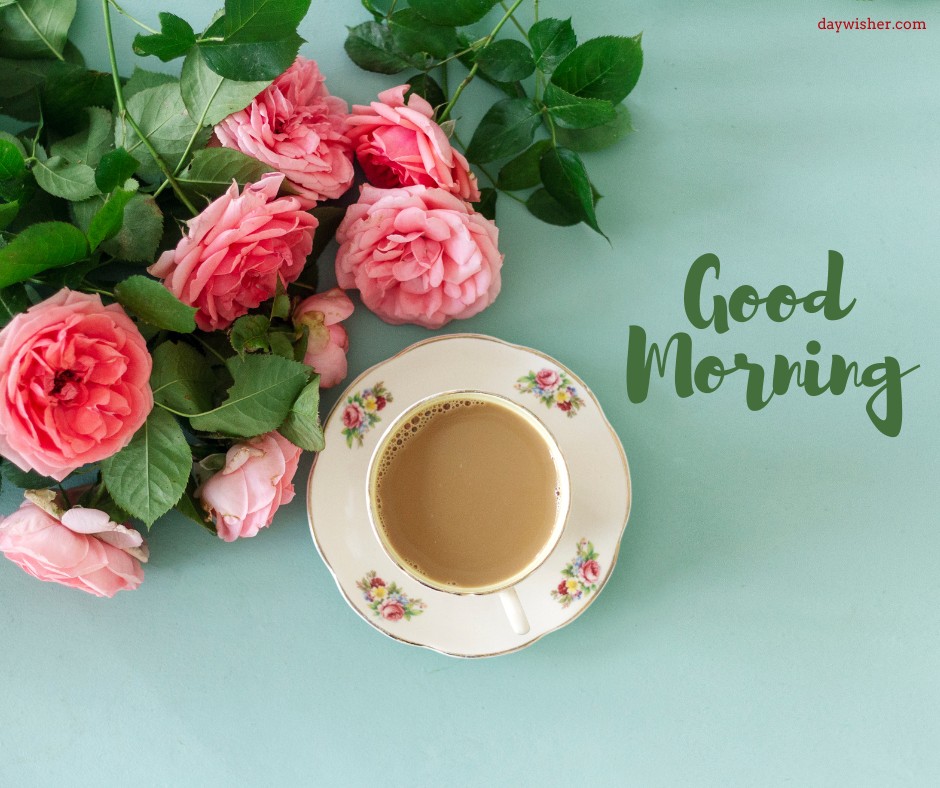 Good morning coffee images display a beautifully arranged floral setting with pink roses around a vintage cup of coffee, all under a warm 'Good Morning' greeting on a soft green background.