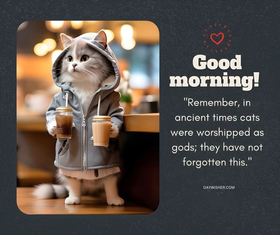 A fluffy gray and white cat wearing a hoodie, holding two cups of coffee with its paws, with the caption "Good Morning Cat Images! Remember, in ancient times cats were worshipped as gods