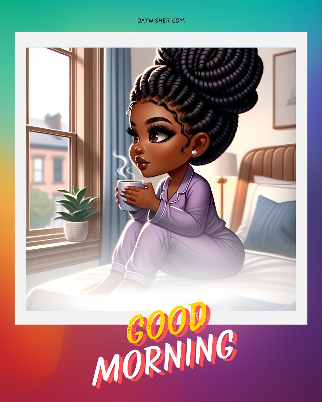 Illustration of an African American woman with an intricate updo hairstyle, sitting by a window with a cup in her hands, wearing a purple outfit. A plant is beside the window, and the greeting "good morning" is at the bottom.