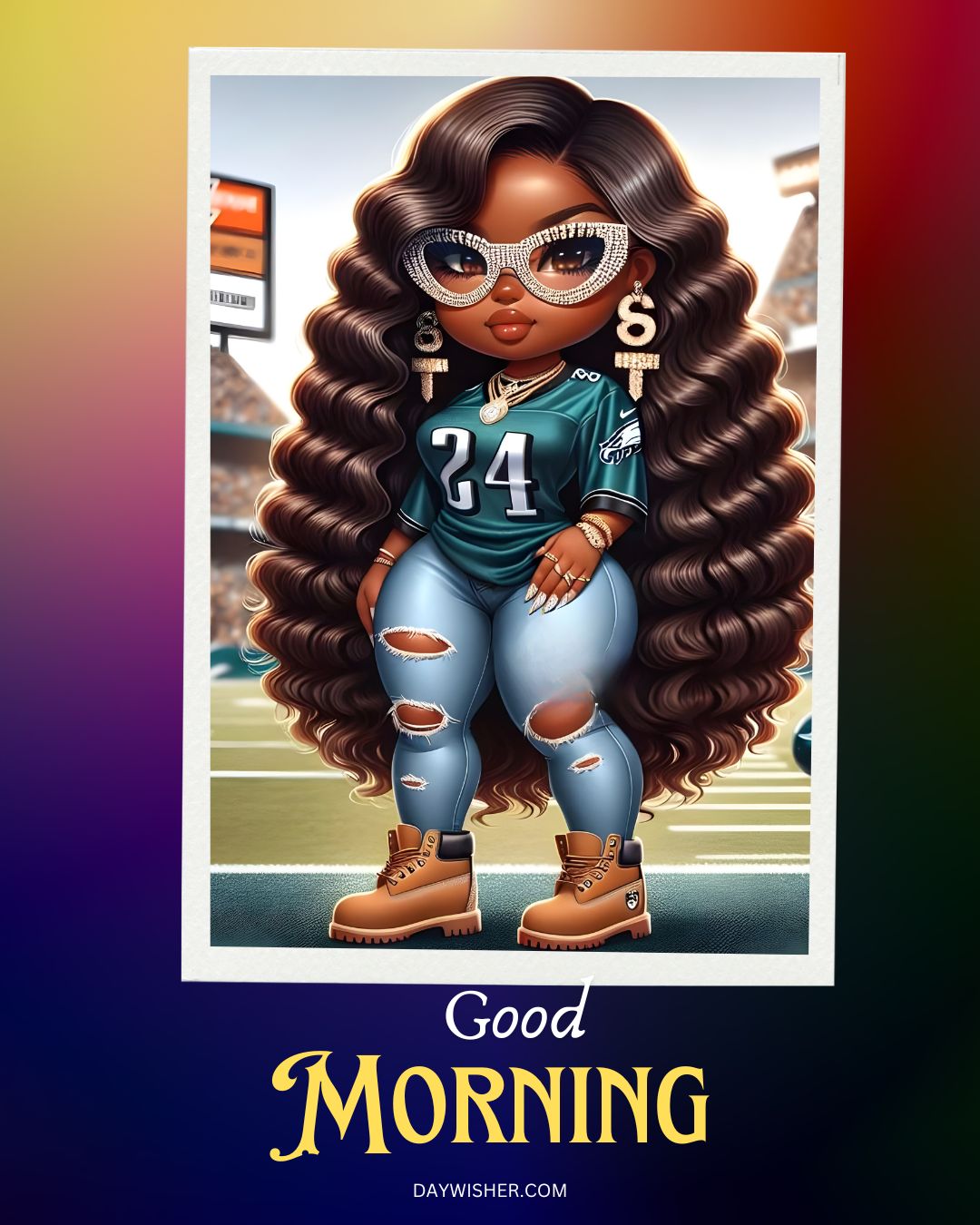 Illustration of a stylish African American woman wearing a football jersey, ripped jeans, and boots, with extravagant sunglasses and earrings, standing in a stadium with a "good morning" greeting.