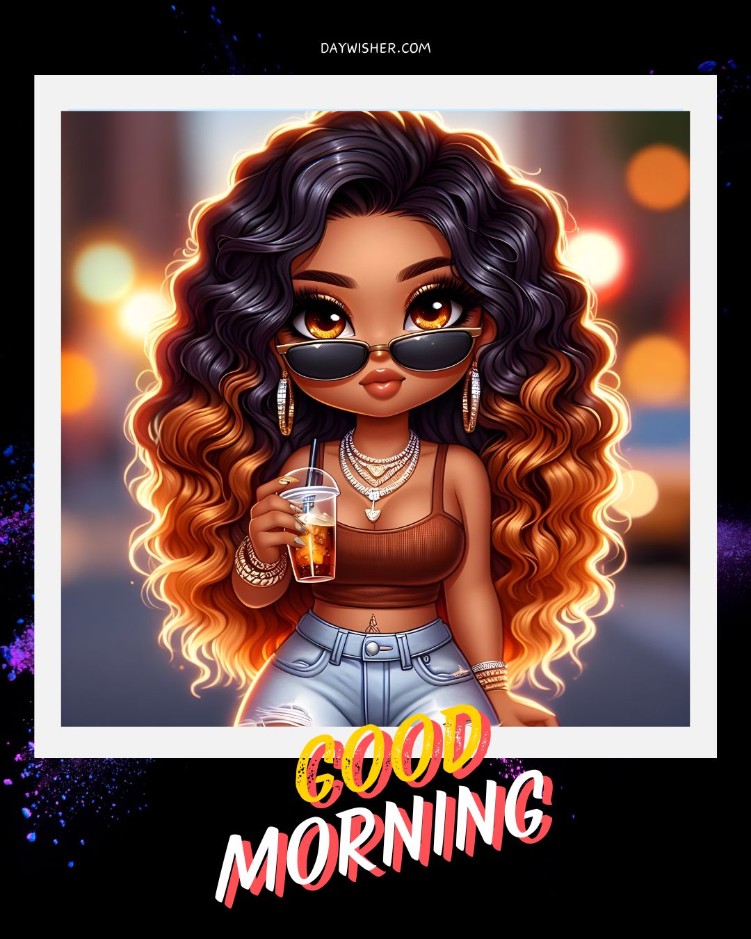 Illustration of a stylish, animated African American young woman with voluminous curly hair, wearing sunglasses, and holding a beverage. She is in a city at night with lights in the background. Overlaid text says "Good morning.