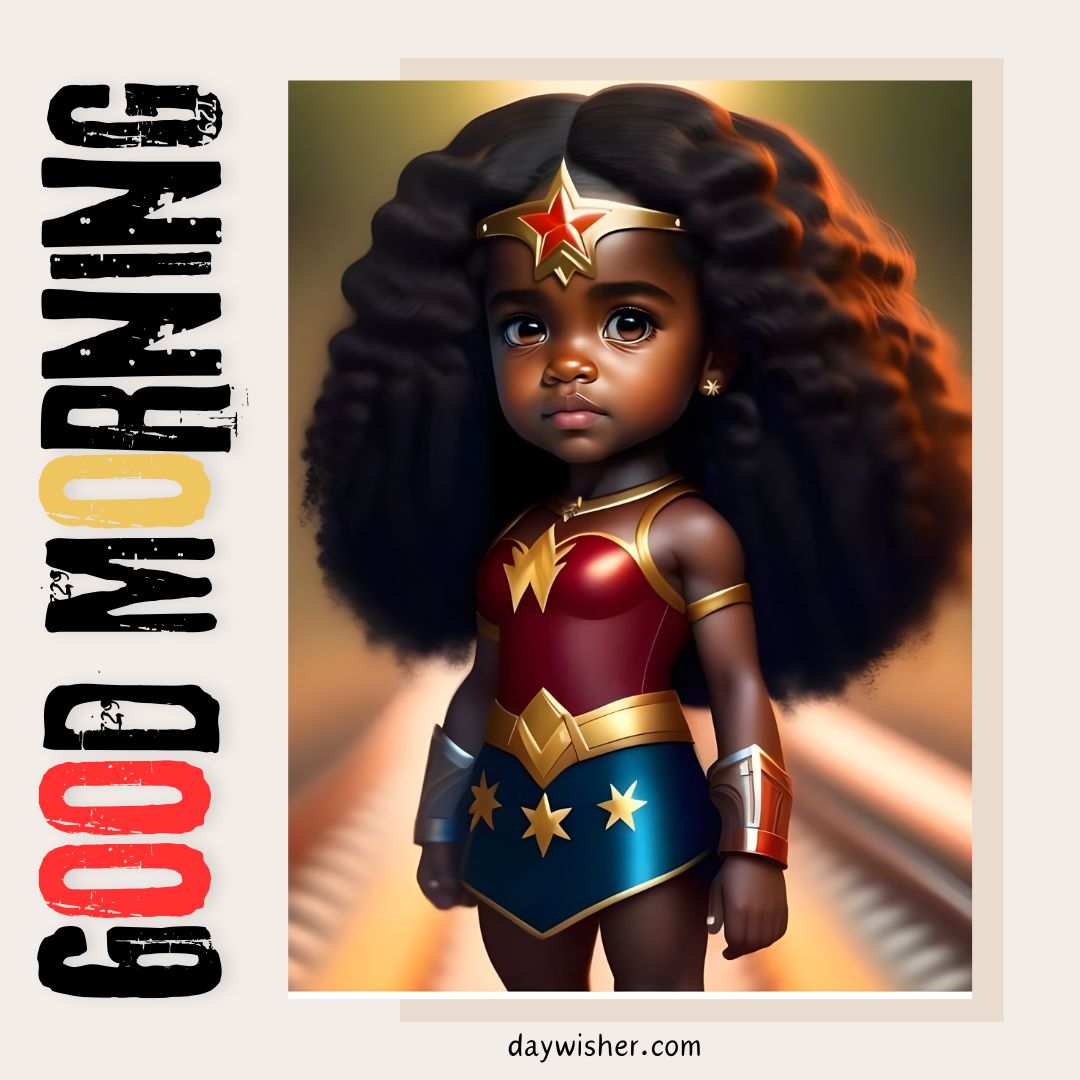 Illustration of a young African American girl dressed as Wonder Woman, featuring large expressive eyes and voluminous black hair, with a "good morning" text above her in bold lettering.