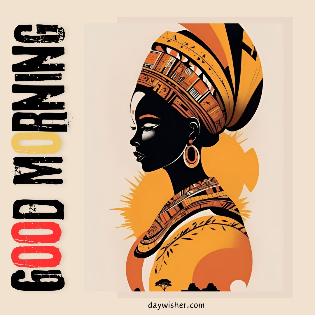 Graphic image of an African American woman in profile, with a strikingly colorful headwrap and adorned in traditional jewelry. A bold "good morning" text in red and black is placed at the top.