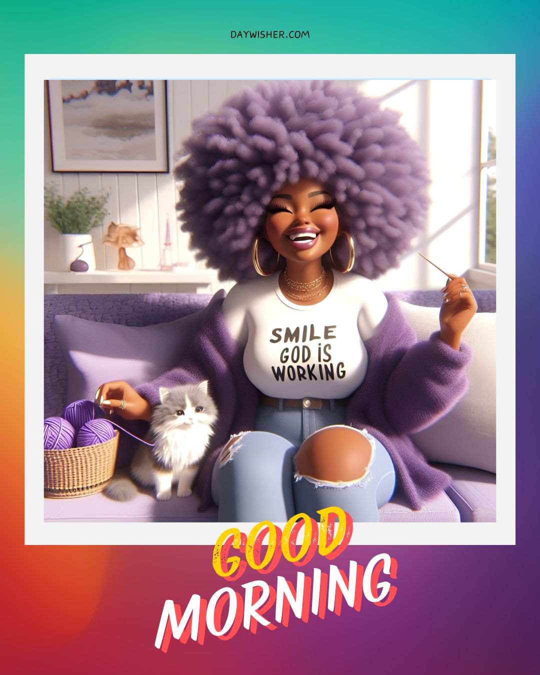 A vibrant illustration of a joyful African American woman with a large afro sitting on a sofa, holding a cup, with a white cat beside her, under the text "good morning." The backdrop features a sunny room with coastal decor.