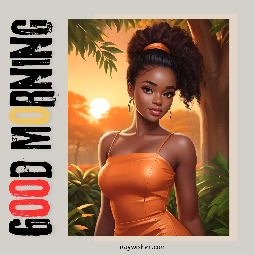 Illustration of an African American woman with a high ponytail standing in a tropical setting during sunrise, with "good morning" text above her head. The woman wears an orange dress, and the background features lush greenery.