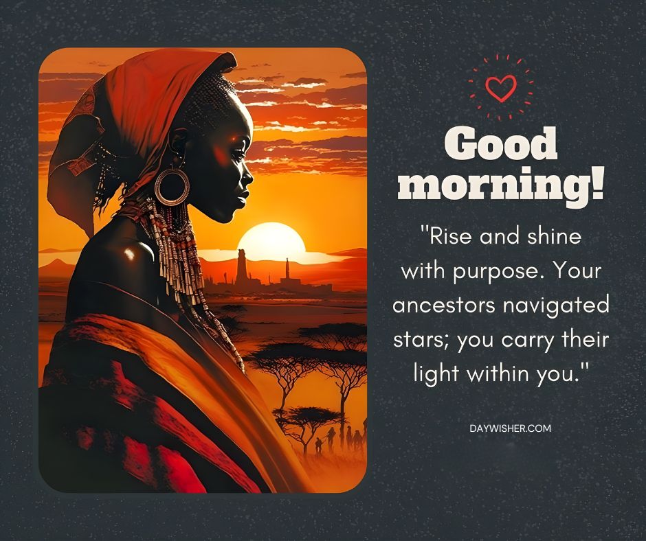 A graphic with the text "good morning! 'rise and shine with purpose. your ancestors navigated their light within you.'" featuring a silhouette of an African American woman in traditional attire against a sunrise and