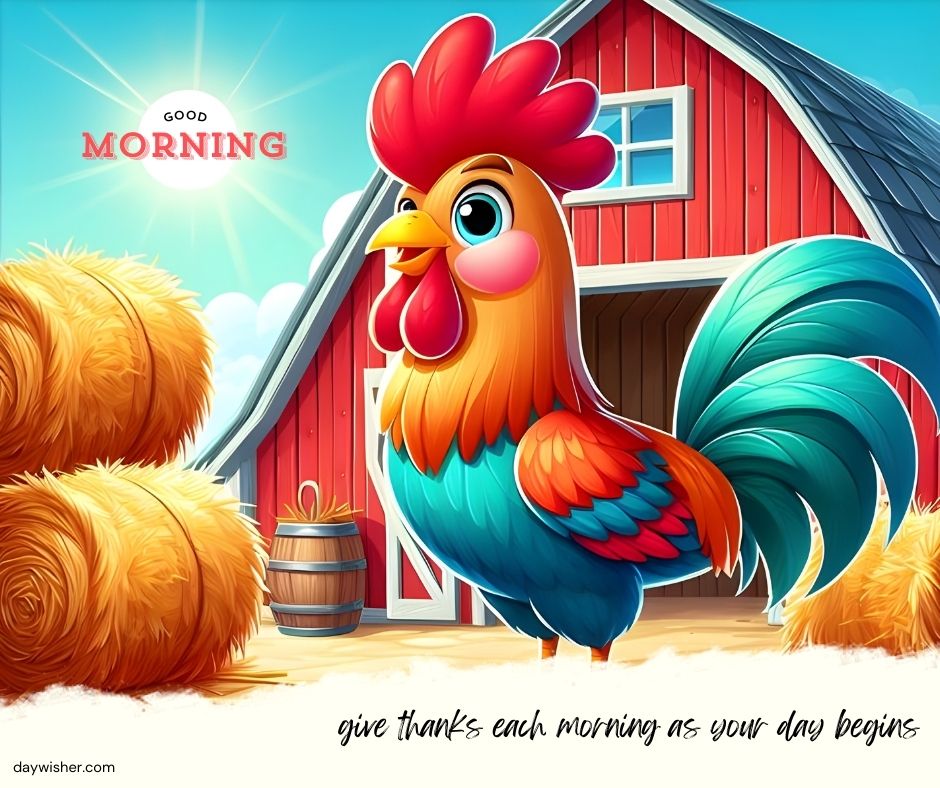 Illustration of a vibrant rooster standing in front of a barn with a "good morning" cartoon greeting at the top and hay bales, wishing to give thanks each morning as the day begins.