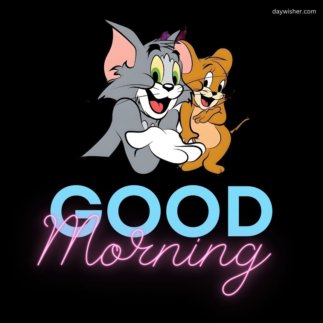 Illustration of cartoon characters Tom and Jerry smiling and hugging each other with the words "good morning" in neon pink and blue script below them, set against a black background.