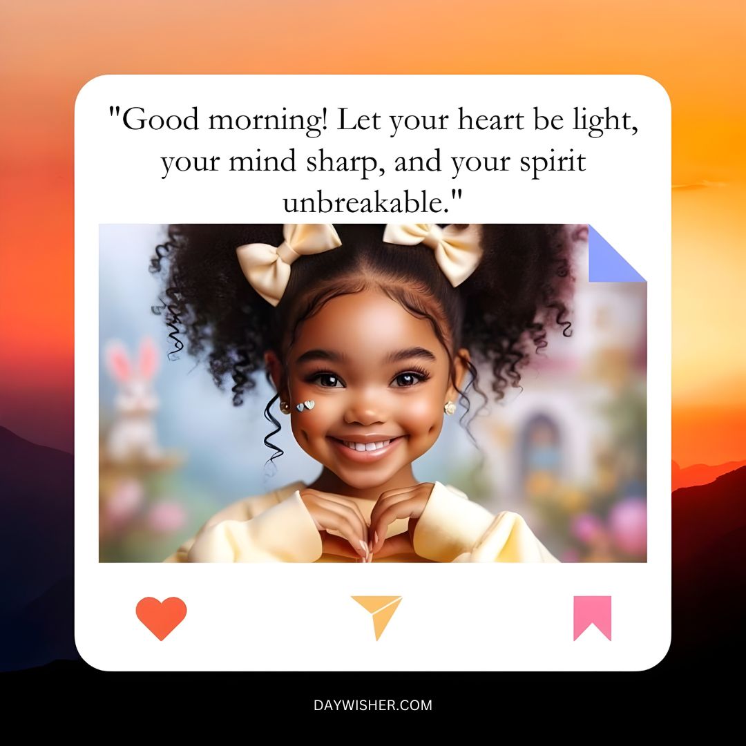 A joyful African American girl with a bright smile, wearing yellow bow ribbons in her hair, is featured in an inspirational social media post with a motivating quote.