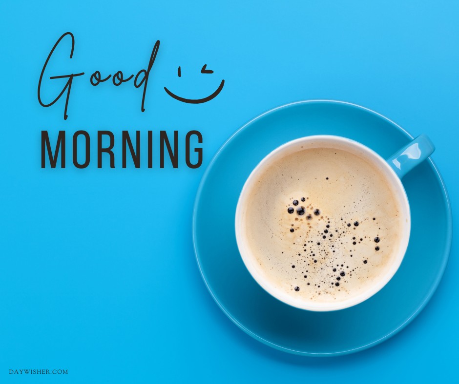 A simple yet inviting cup of coffee in a blue mug set against a vibrant turquoise background, with a playful "Good Morning" message above. A perfect visual to start your day energetically.