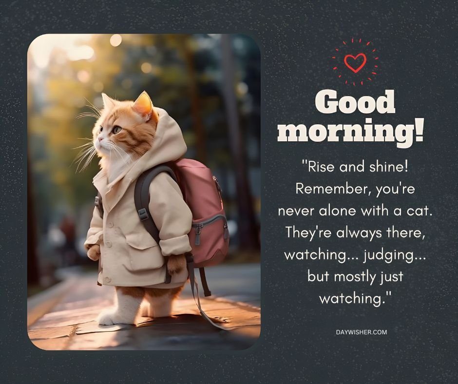 A ginger cat wearing a backpack and coat with the text "Good Morning Cat Images! Rise and shine! Remember, with a cat, they're always there... watching... judging... but mostly just mostly