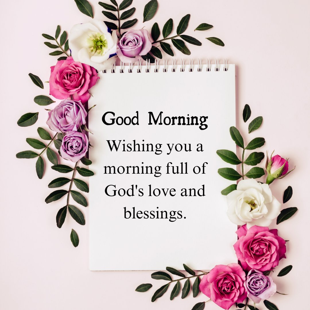 A beautiful good morning blessings image featuring a notebook surrounded by pink, white, and purple roses with the message "Good Morning. Wishing you a morning full of God's love and blessings." The floral arrangement and the heartfelt message create a serene and uplifting atmosphere, perfect for sharing religious and inspirational morning greetings. This image conveys a sense of divine love and blessings, making it ideal for starting the day positively.