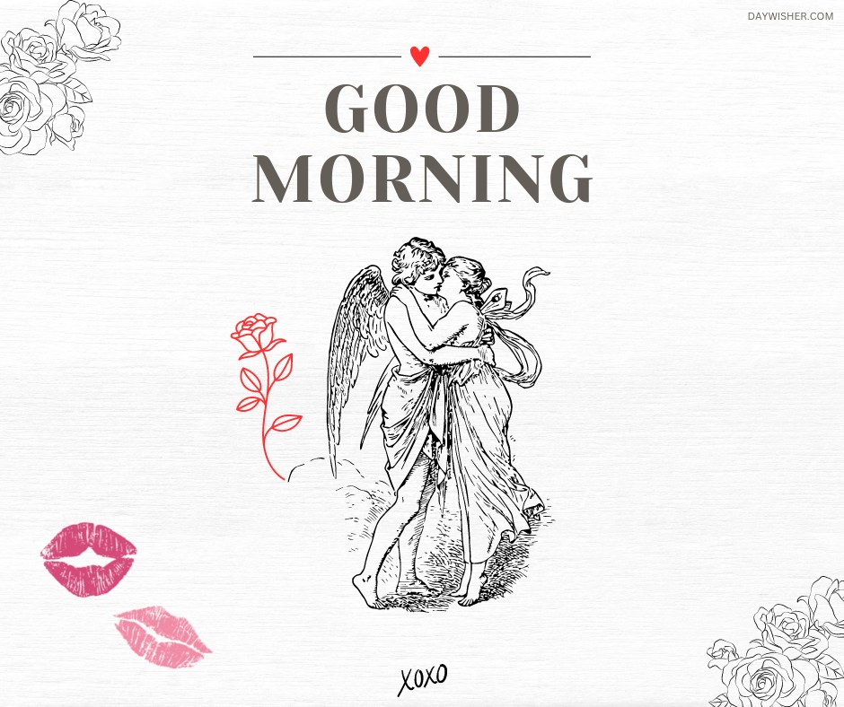 A vintage illustration of two angels embracing and sharing a kiss, with the words "Good Morning" written above and "xoxo" below on a white background. Pink lip prints and floral accents add a romantic touch, making this image perfect for a sweet and charming morning greeting.