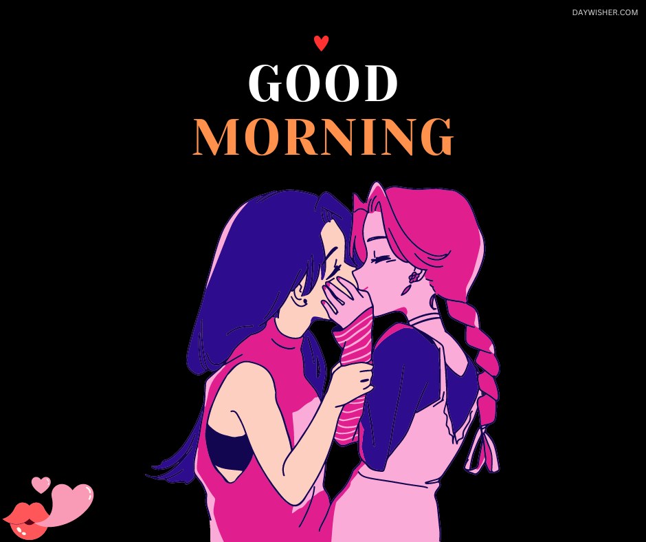 An anime-style illustration of two women sharing a kiss, set against a black background. The text "Good Morning" is written above, with a red heart accent. Pink lip prints and a heart design add a romantic touch, making this image perfect for a loving morning greeting.