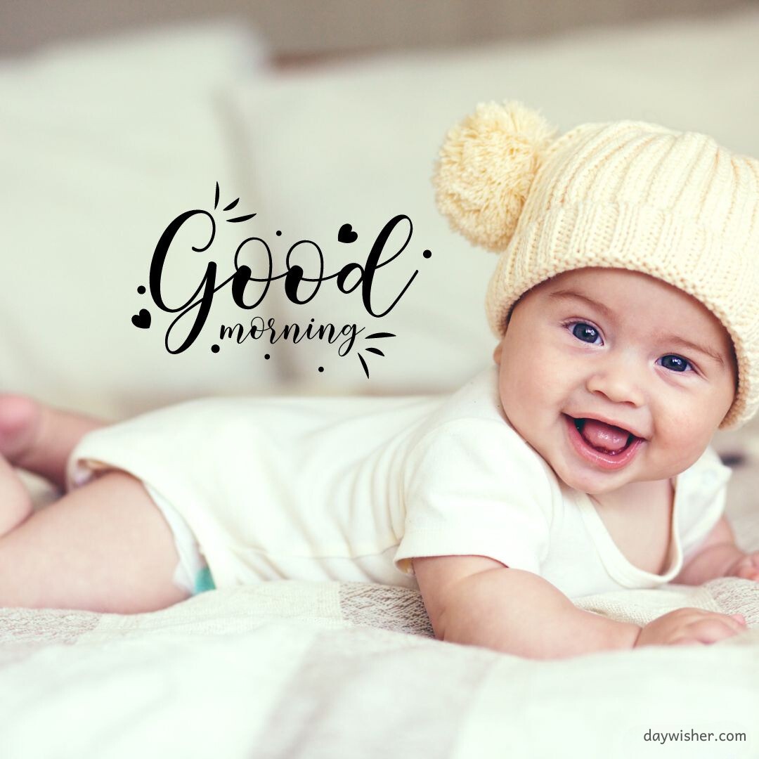 An adorable baby wearing a cozy yellow beanie lies playfully on a soft bed, with "Good morning" elegantly scripted above, perfectly capturing a delightful morning moment for sharing as good morning baby images.