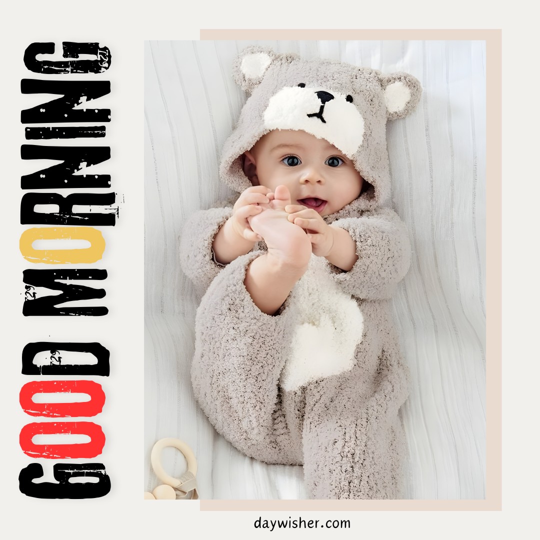 A captivating baby dressed in a cozy bear outfit, clutching their feet while lying on a soft blanket, accompanied by a stylish "GOOD MORNING" graphic in black, yellow, and red. This adorable scene is perfect for sharing as good morning baby images.