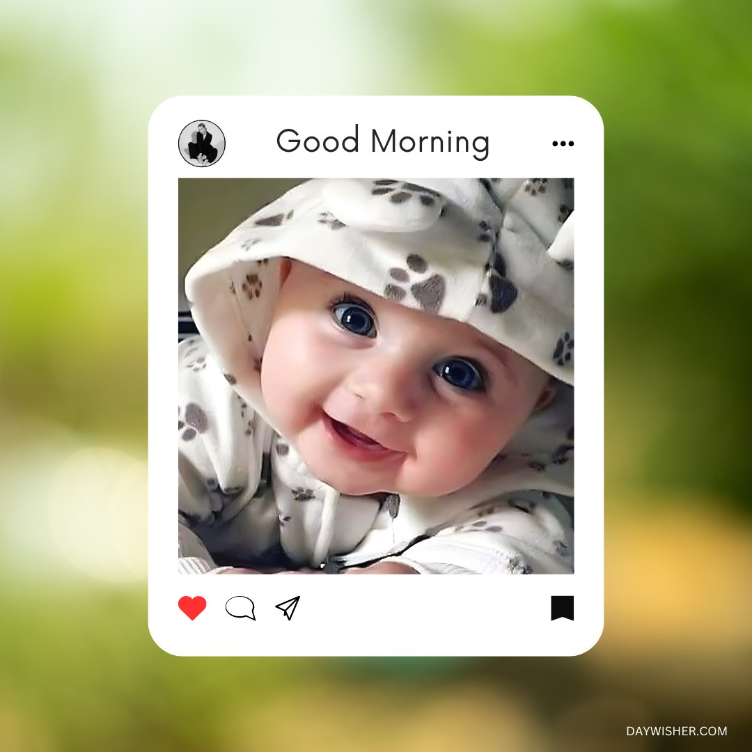 Joyful baby in a hooded outfit adorned with heart patterns, flashing a radiant smile and sparkling blue eyes, ideal for a good morning baby greeting.