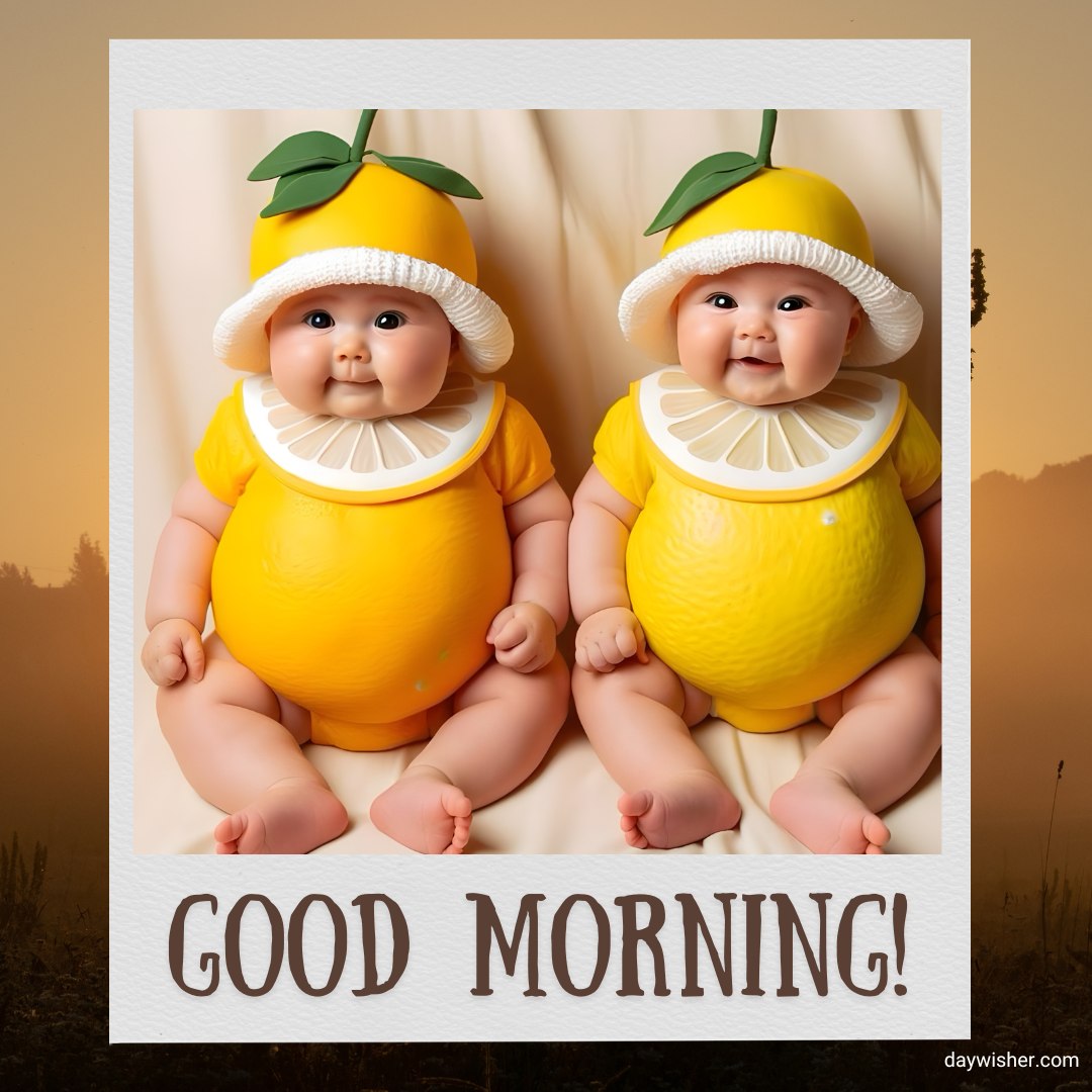 Twin babies dressed in adorable citrus-themed outfits, complete with lemon slice hats, happily seated together, creating a delightful and bright good morning baby greeting.