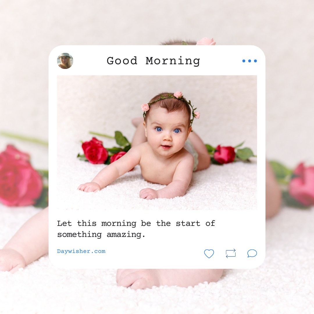 Baby girl with a floral crown lying on a soft white blanket, surrounded by vibrant red roses, looking up with big blue eyes, ideal for sharing as a good morning baby greeting