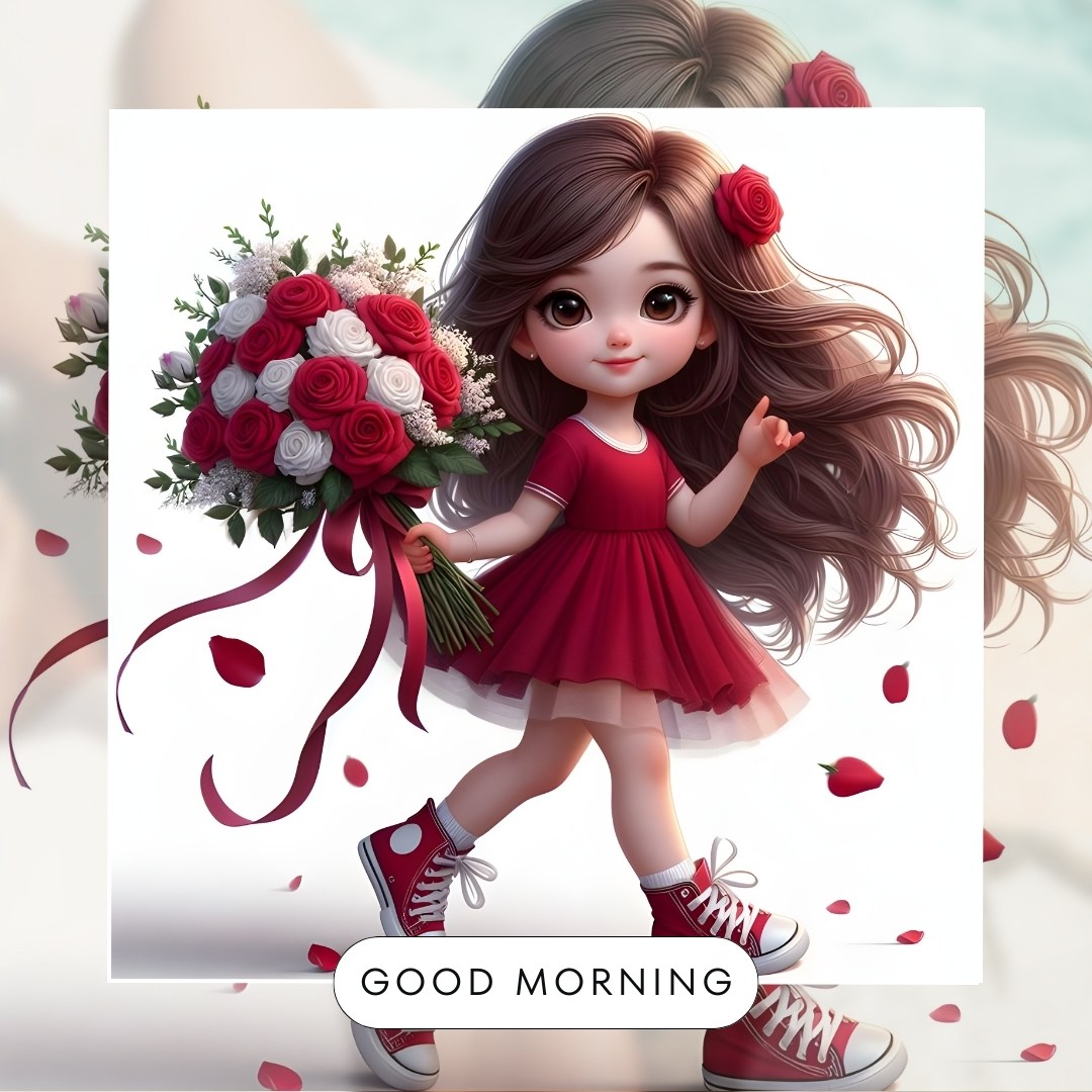 Animated young girl in a red dress and matching sneakers, holding a bouquet of red and white roses, petals floating around, capturing a whimsical and vibrant good morning baby greeting.