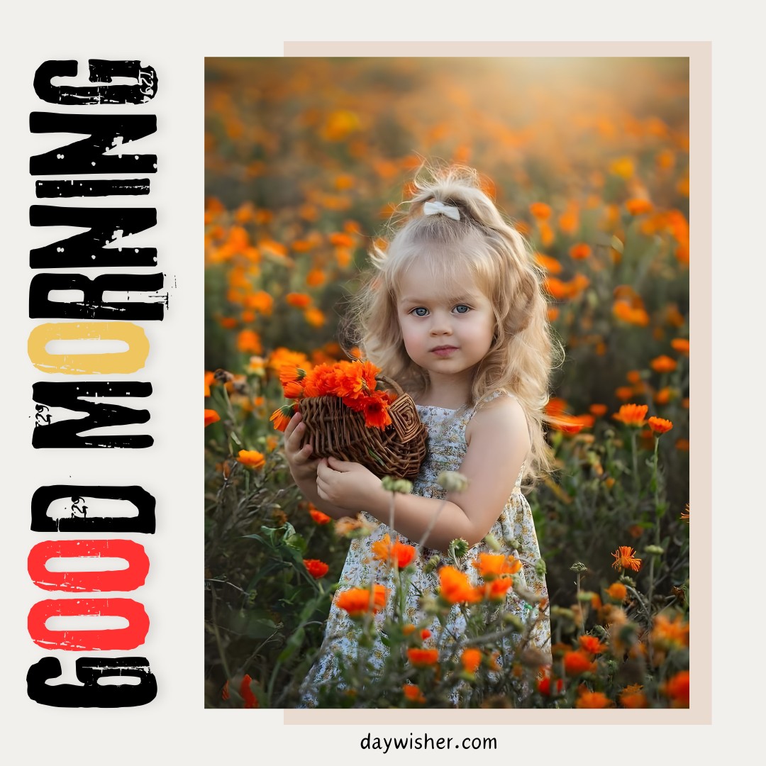 Little girl with blonde curls, holding a basket of vibrant orange flowers in a field of blossoms, her gaze gentle and thoughtful, perfect for a serene good morning baby greeting.