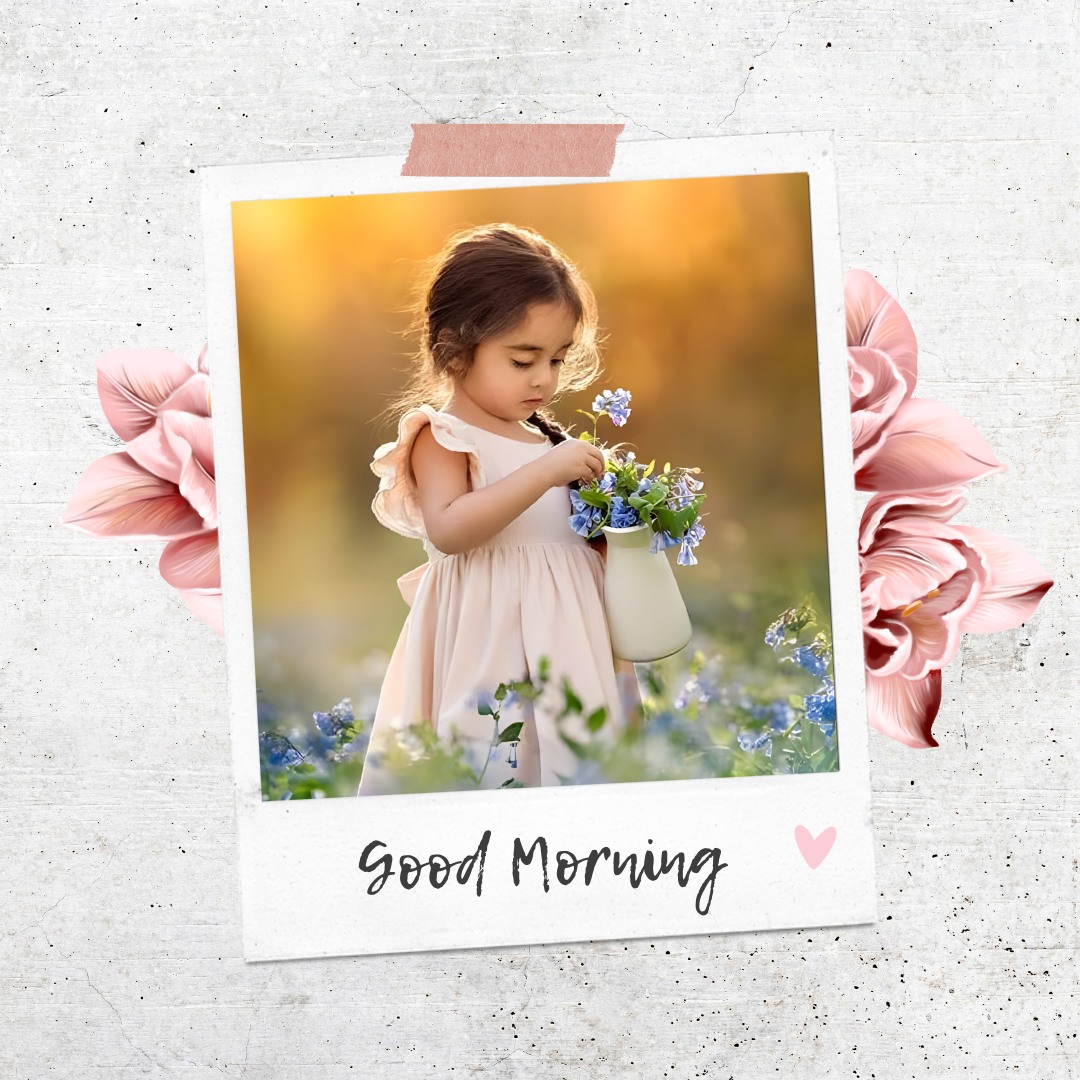 Young girl in a delicate peach dress, carefully picking wildflowers in a glowing meadow, captured in a tender moment perfect for a good morning baby greeting