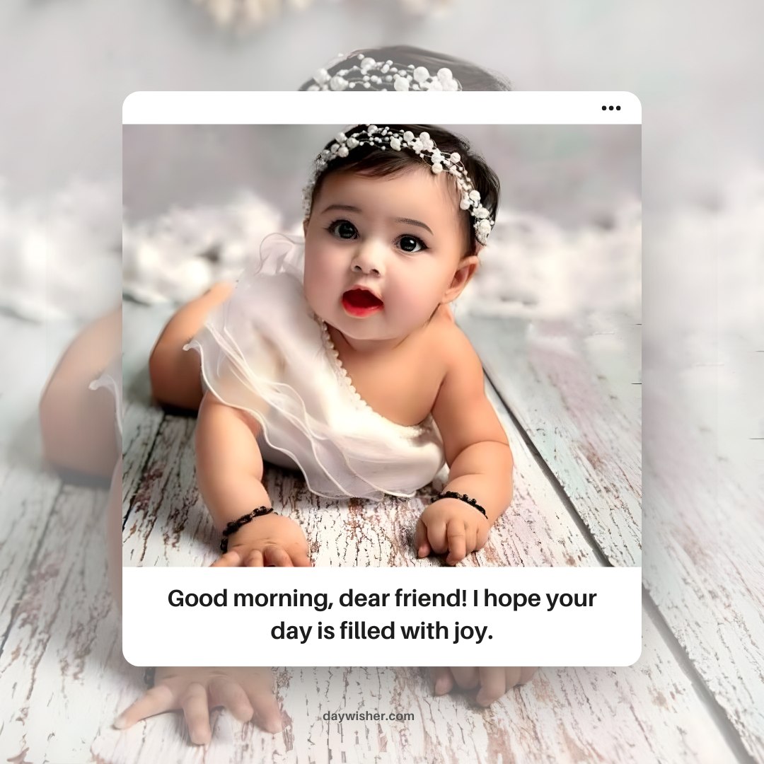 An adorable baby girl with big eyes and wearing a white dress and headband lies on a soft surface, looking directly at the camera. Text overlay says "Good morning, little one! I hope your day is filled with joy and cuteness overload.