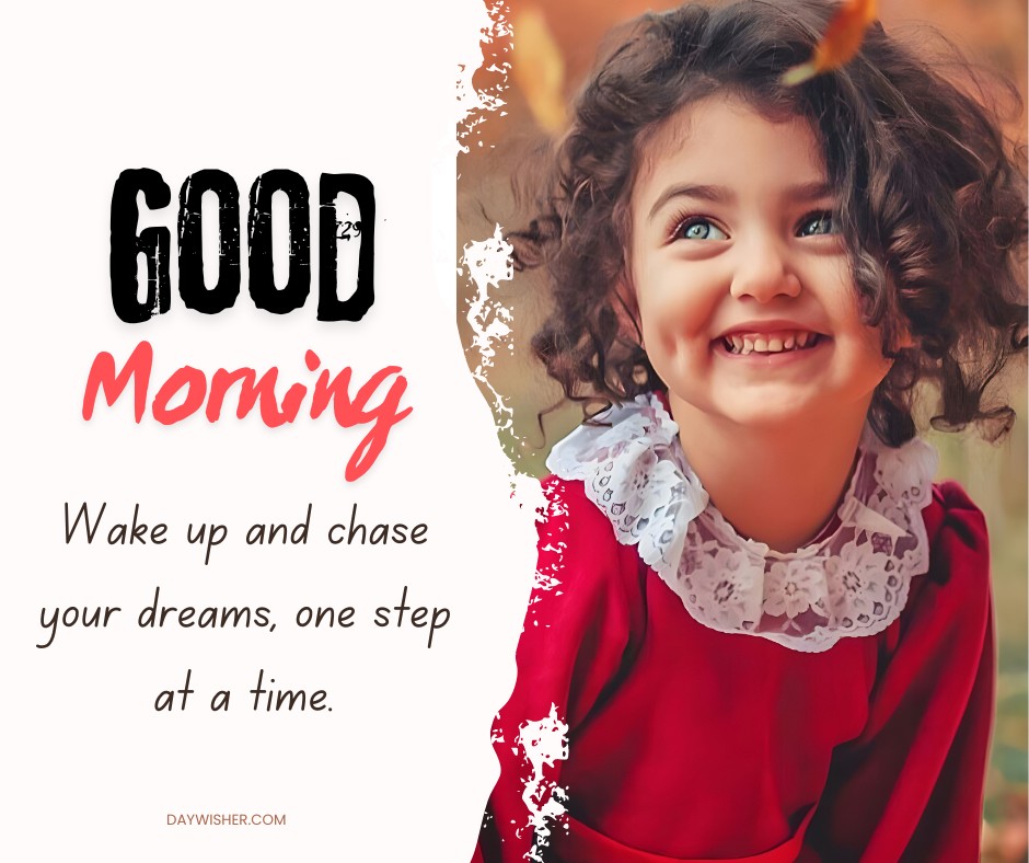 Joyful young girl in a vibrant red dress with curly hair and a radiant smile, looking up with sparkling eyes, perfectly capturing the essence of a lively good morning baby greeting.