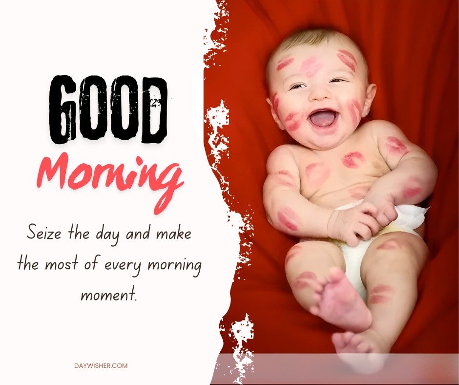 Joyful baby covered in lipstick kisses, laughing joyously in a bright red background, perfectly capturing a loving and cheerful good morning baby greeting.