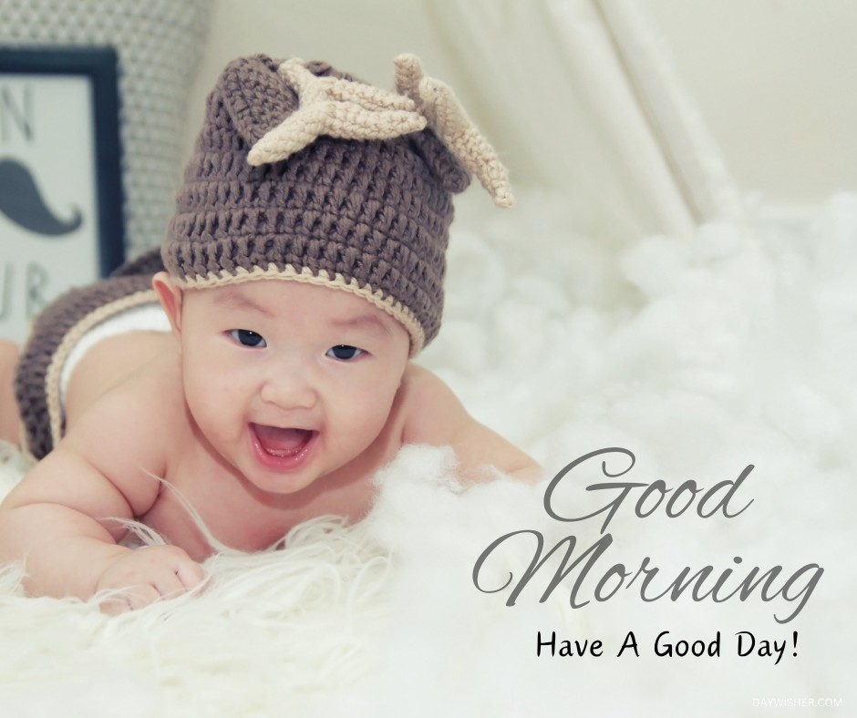 Delighted baby wearing a cute starfish hat and diaper, lying on a fluffy white surface, beaming with a wide, infectious smile, ideal for a lively good morning baby greeting.