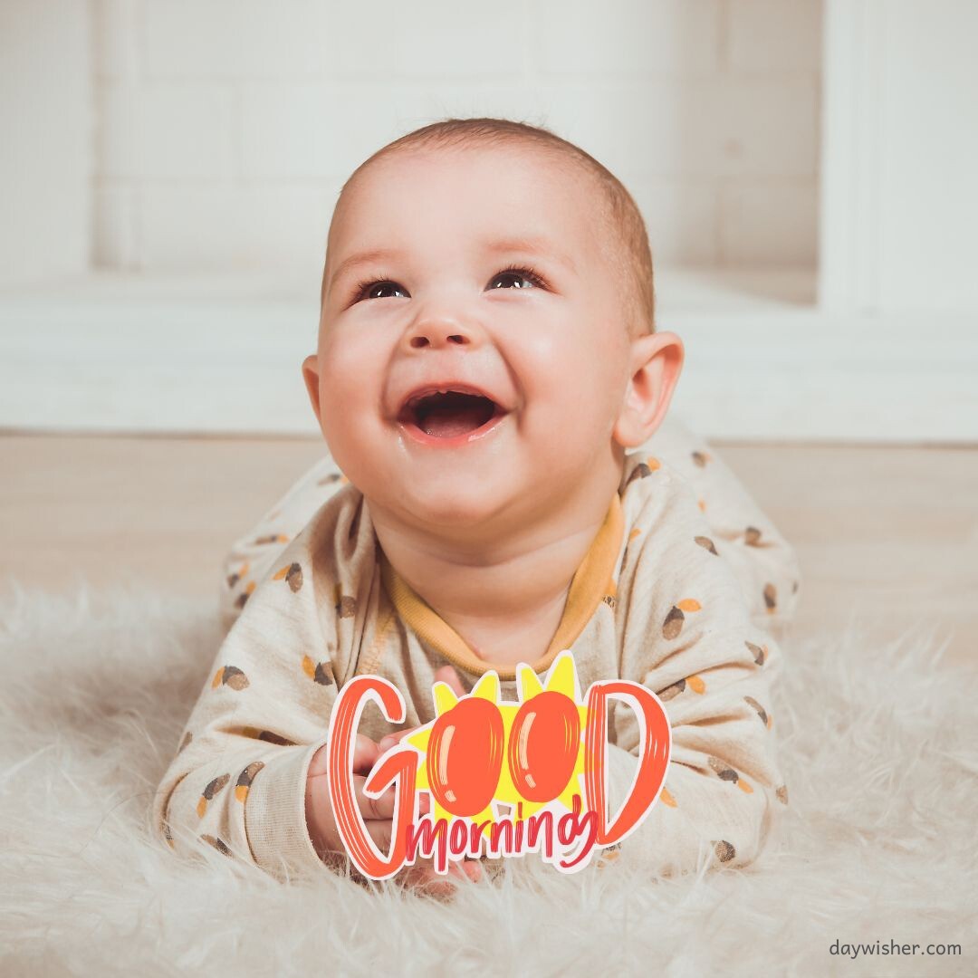 Joyful baby laughing on a soft rug with a bright "Good Morning" greeting overlaid, capturing a heartwarming scene perfect for good morning baby images.