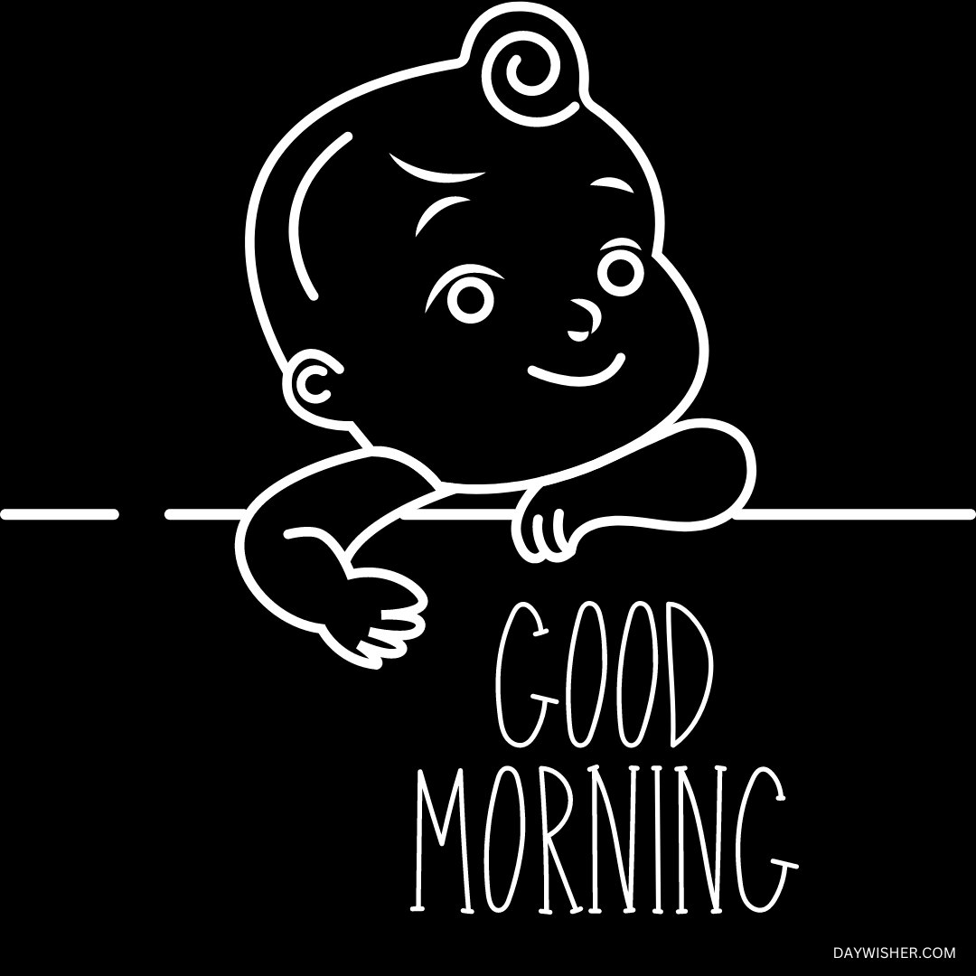 A charming black and white outline of a smiling baby peeking over, with "GOOD MORNING" written in elegant script. This minimalist and cheerful design is perfect for sharing as good morning baby images to start the day with positivity.