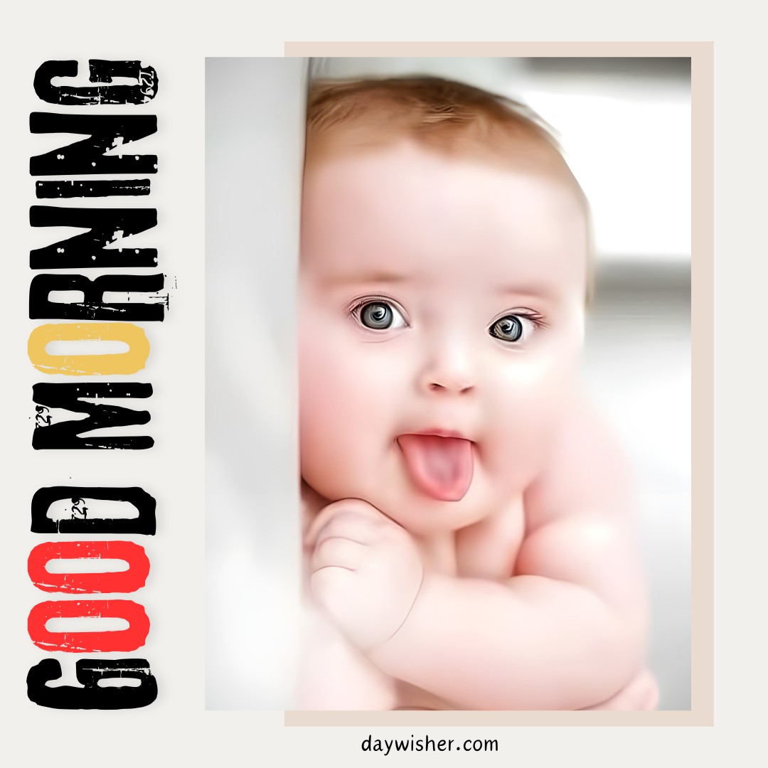 Adorable baby with big eyes and a playful tongue-out expression, looking directly at the viewer, perfect for an engaging and cute good morning baby greeting