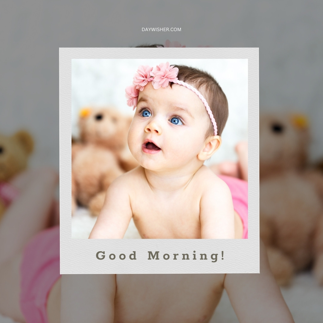 Bright-eyed baby girl wearing a pink floral headband, gazing upward with curiosity and awe, with soft focus teddy bears in the background, perfect for a delightful good morning baby greeting