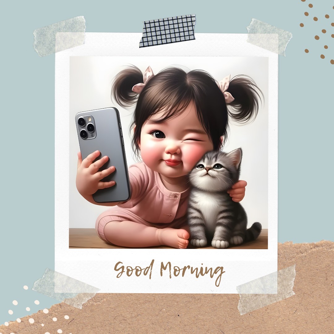 Cheerful toddler girl winking and holding a smartphone for a selfie, with a playful kitten by her side, set against a creative backdrop, perfect for an adorable good morning baby greeting